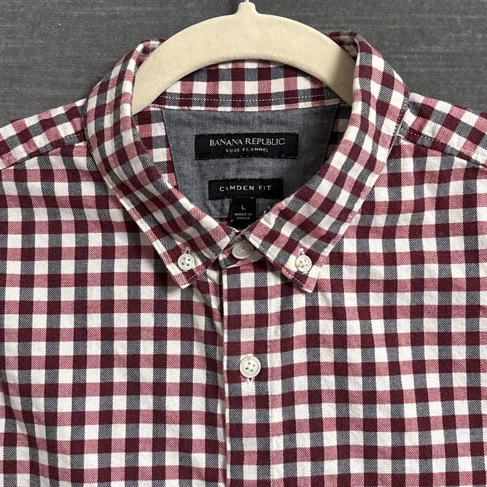 Banana Republic Shirt L Camden‎ Fit Red Gray Gingham Plaid Luxe Flannel Button